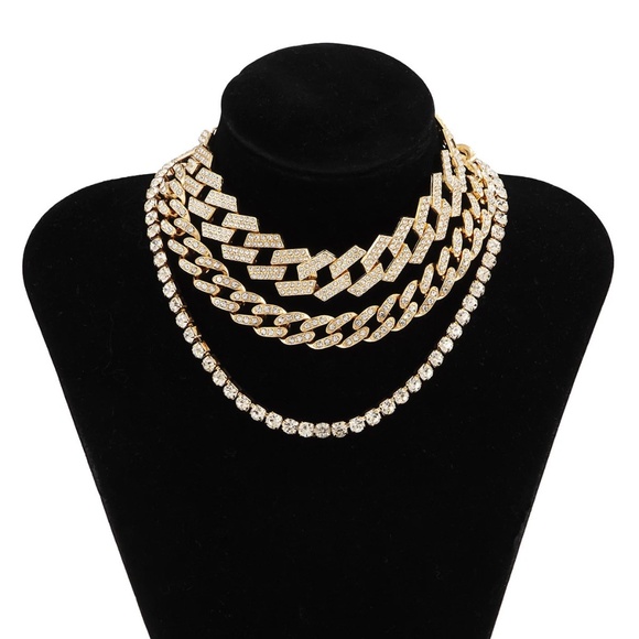Triple Diamond Layered Necklace Set, Cuban Link Necklace, Tennis Necklace - Picture 6 of 9